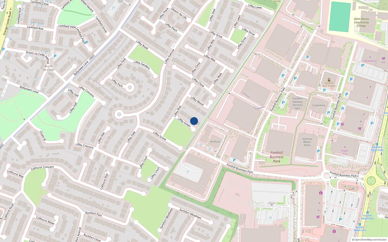 Overhead map showing the location of 8 Liffey Green, Liffey Valley Park, Lucan