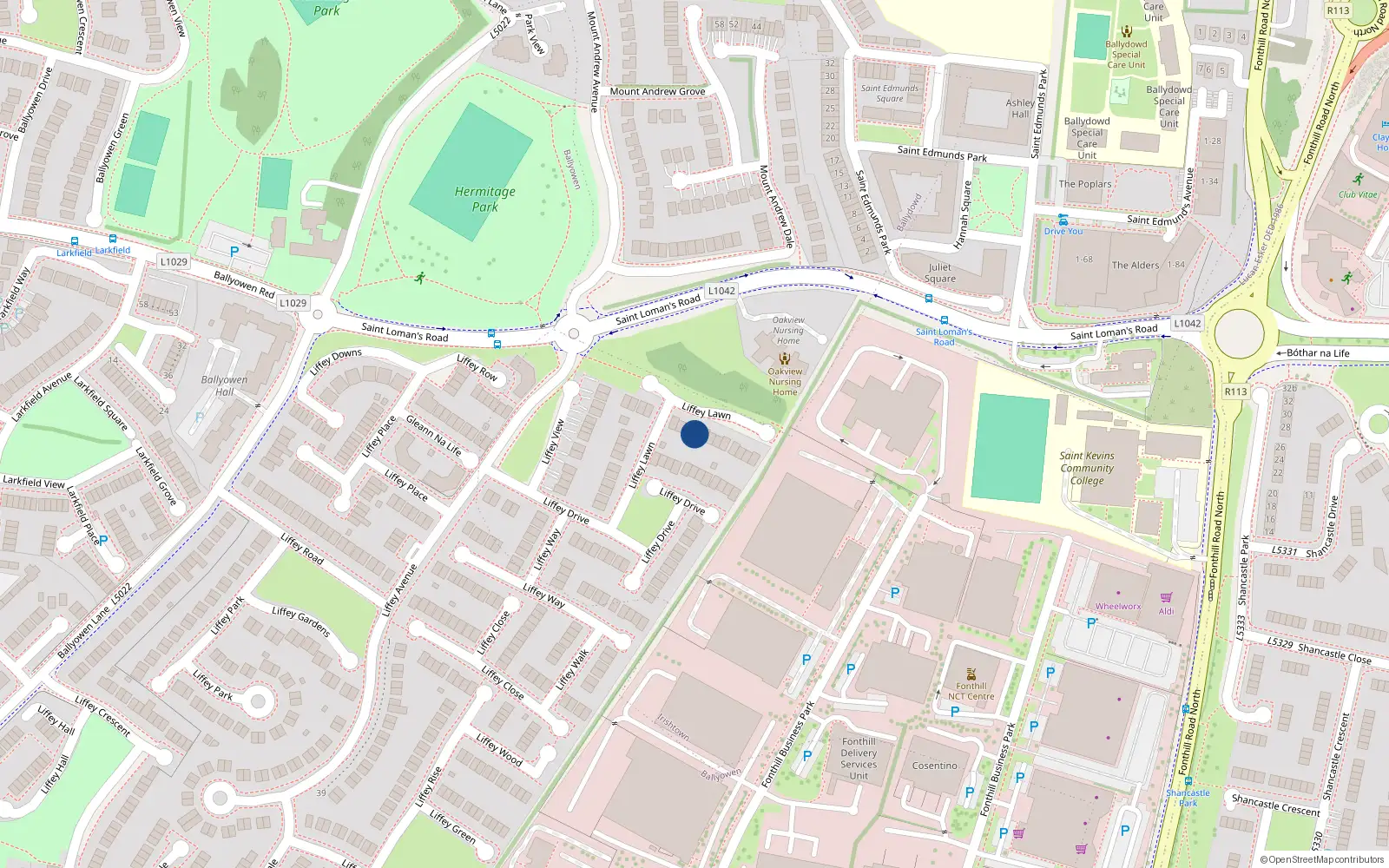 Overhead map showing the location of 8 Liffey Lawn, Liffey Valley Park, Lucan