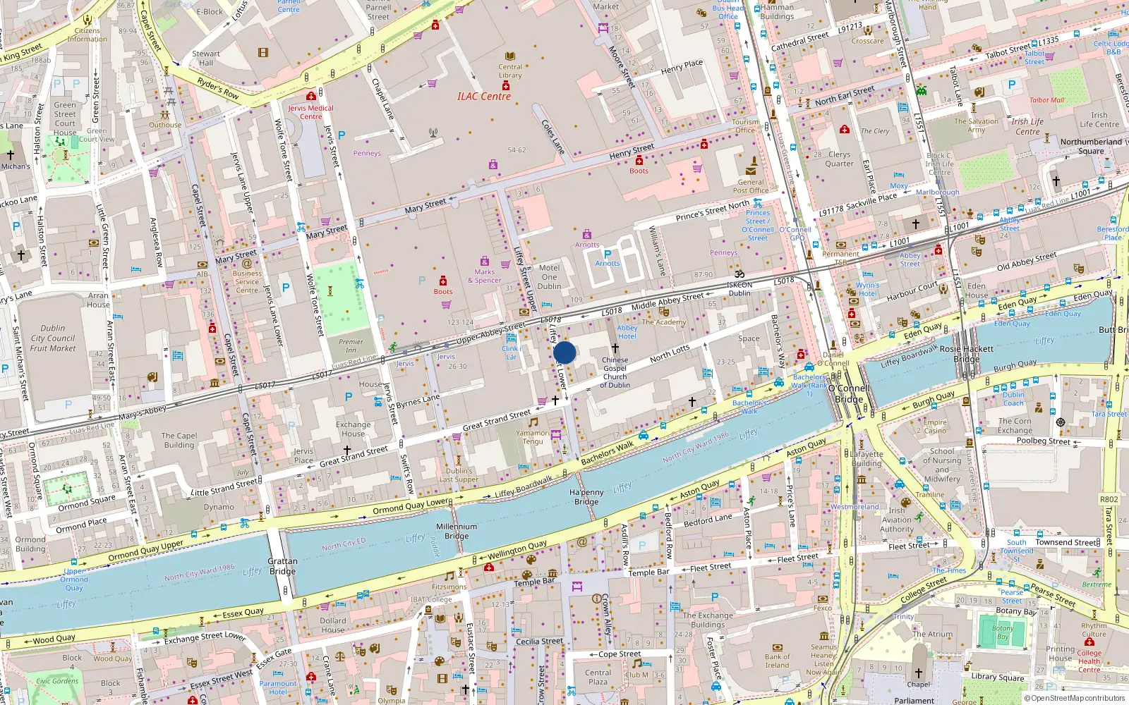 Overhead map showing the location of 8 Liffey Walk, Liffey St, Dublin 1