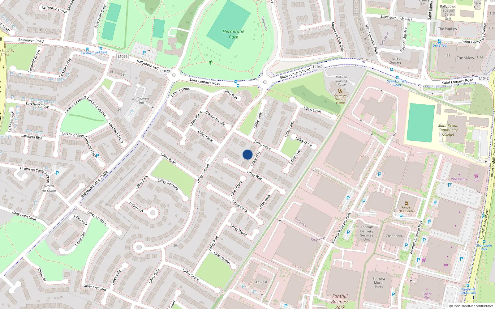 Overhead map showing the location of 8 Liffey Way, Liffey Valley Park, Lucan