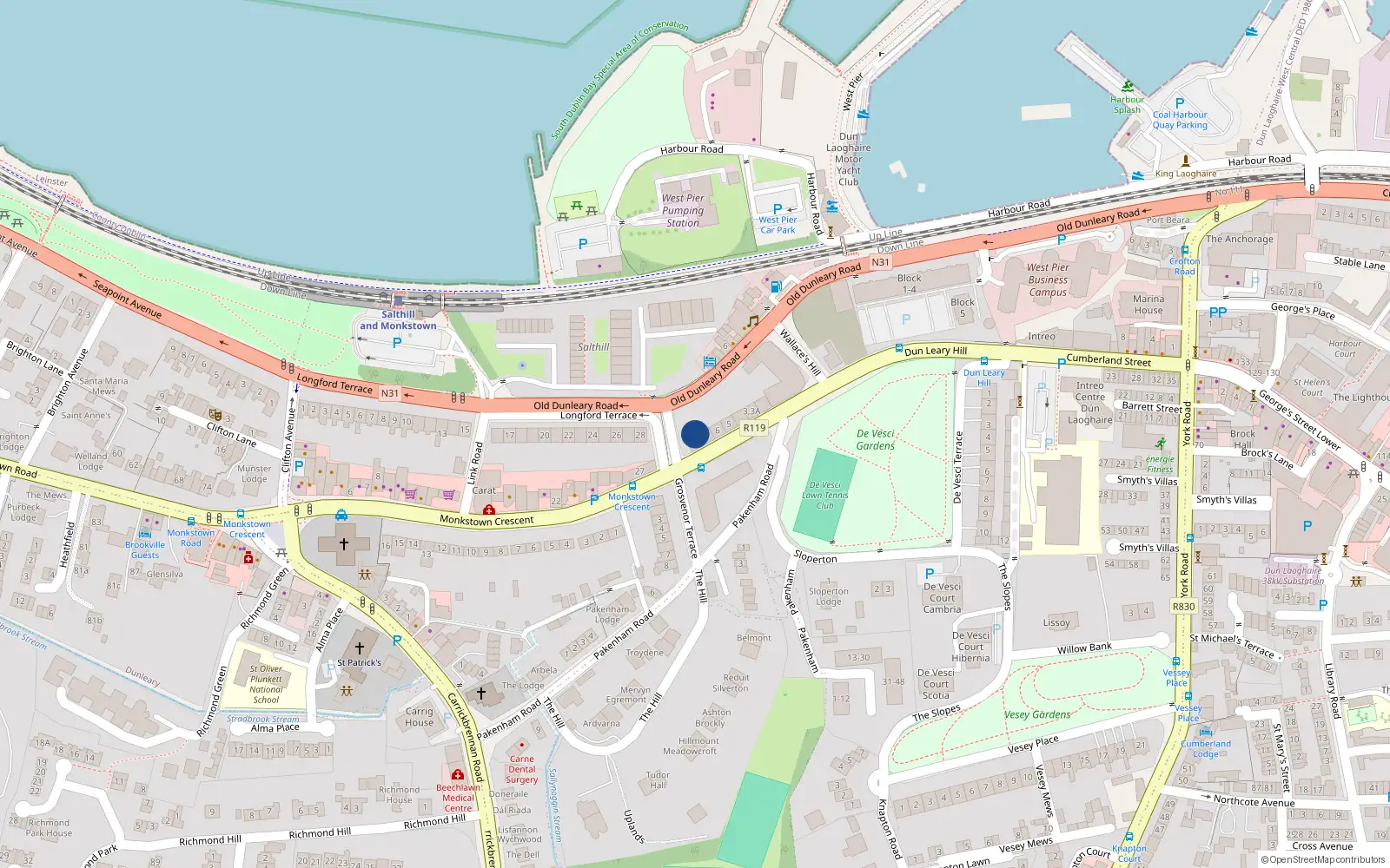 Overhead map showing the location of 8 Longford Place, Blackrock