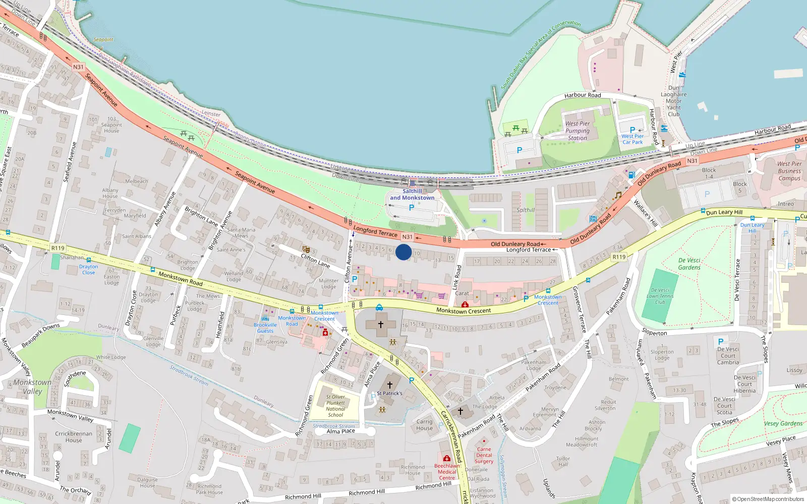 Overhead map showing the location of 8 Longford Terrace, Monkstown