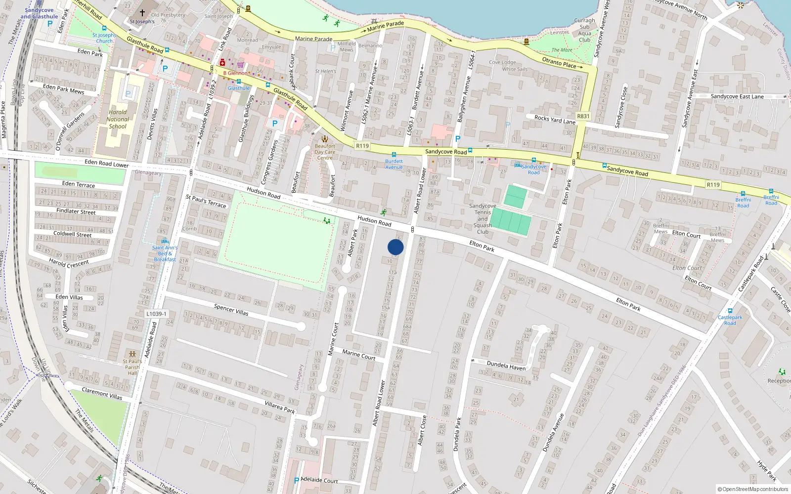 Overhead map showing the location of 8 Albert Road Lower, Sandycove