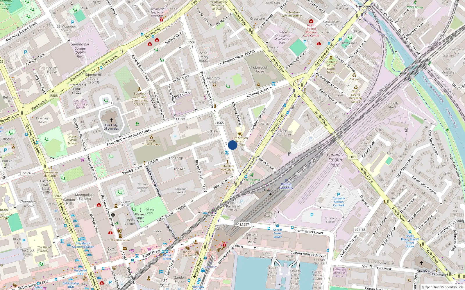 Overhead map showing the location of 8 Buckingham Street Lower, Dublin 1