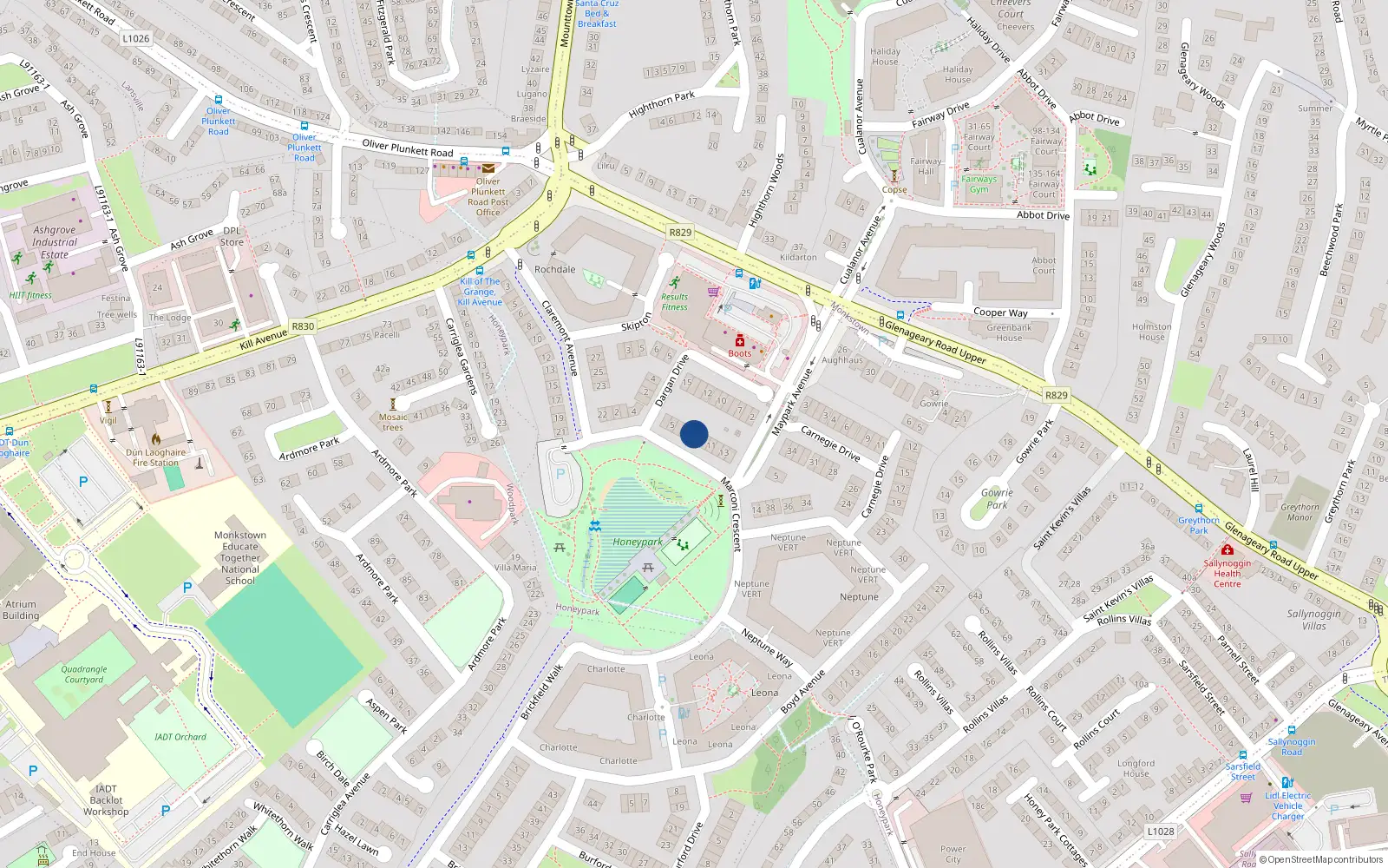 Overhead map showing the location of 8 Marconi Crescent, Dun Laoghaire