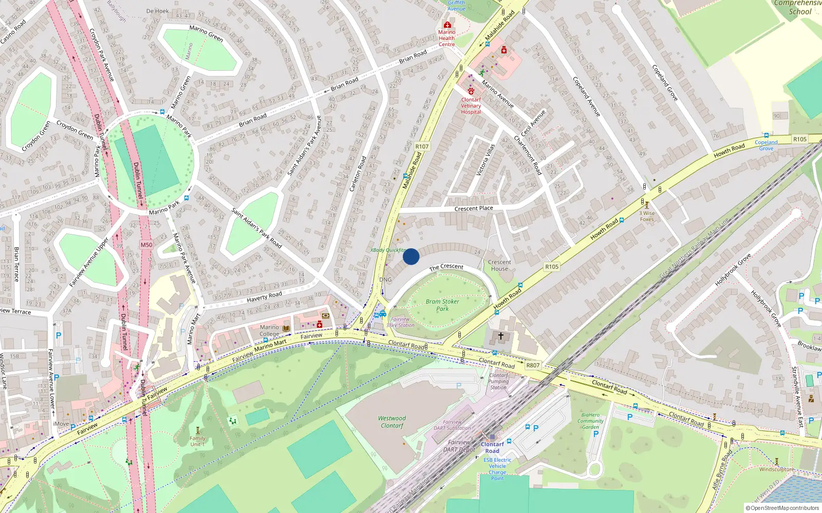 Overhead map showing the location of 8 Marino Crescent, Dublin 3
