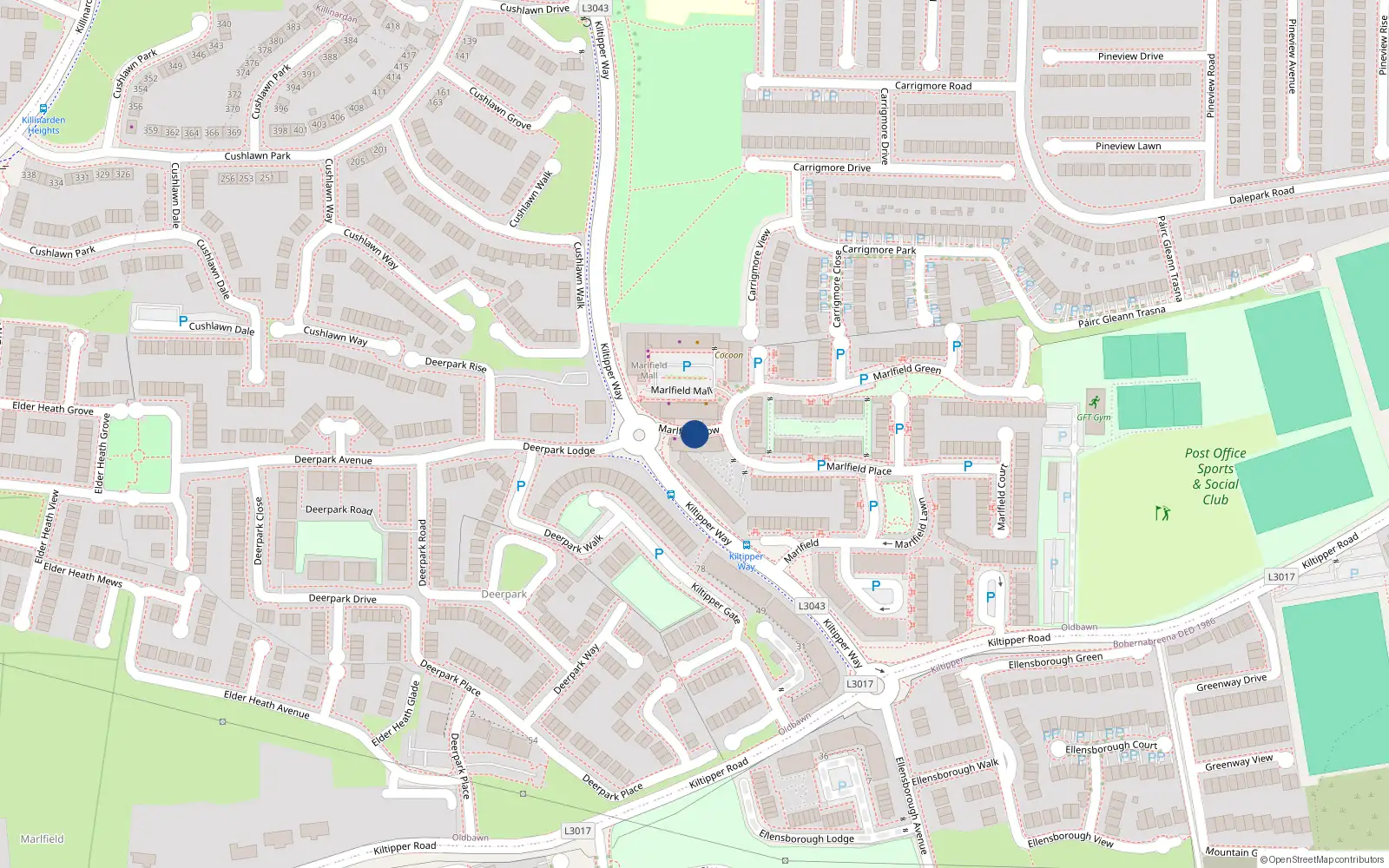 Overhead map showing the location of 8 Marlfield Row, Tallaght