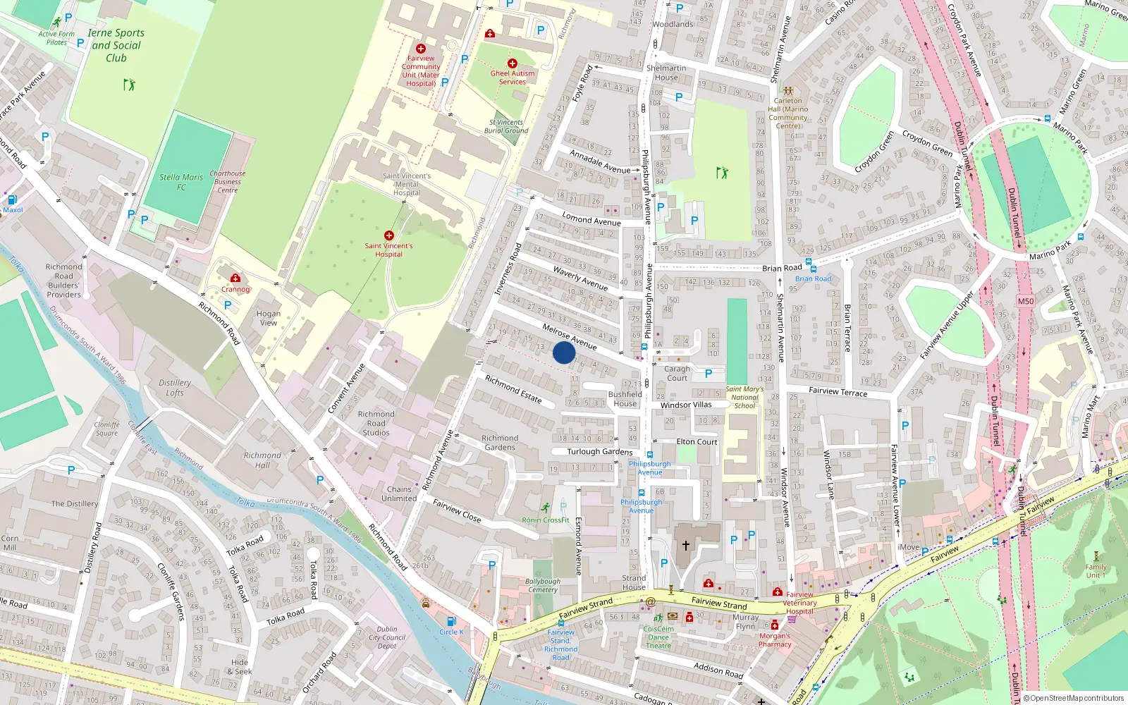 Overhead map showing the location of 8 Melrose Avenue, Fairview, Dublin 3