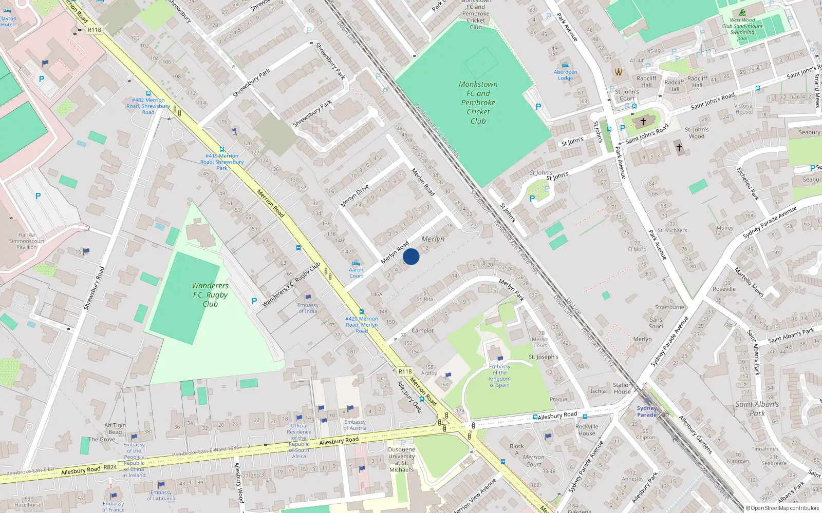 Overhead map showing the location of 8 Merlyn Road, Ballsbridge