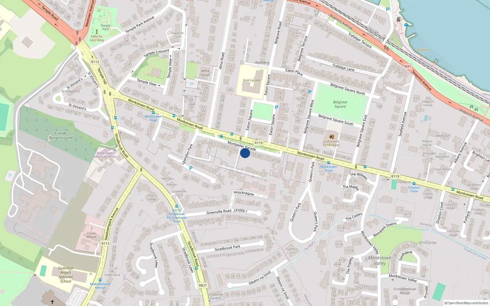 Overhead map showing the location of 8 Montpelier Parade, Monkstown, Dublin