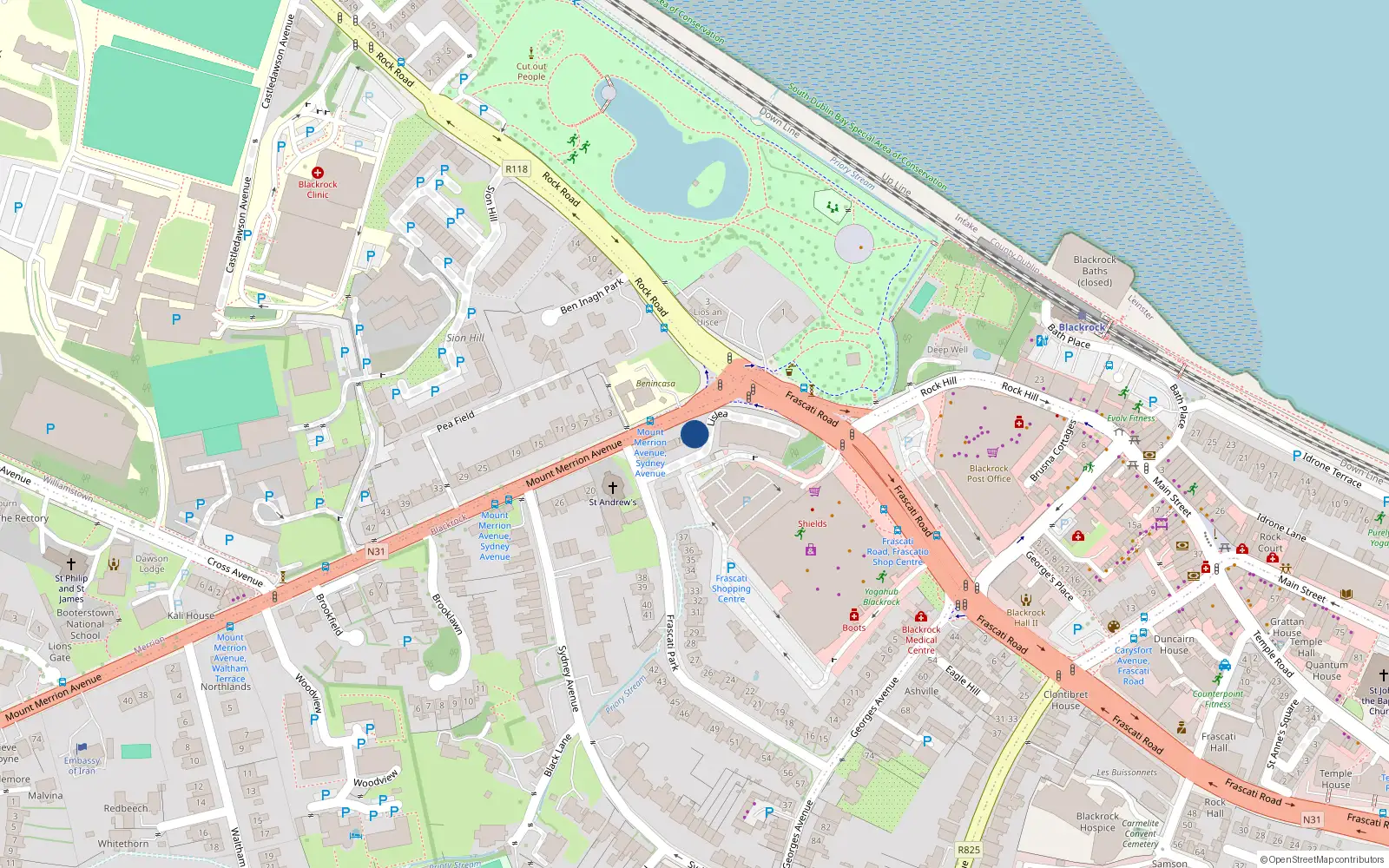 Overhead map showing the location of 8 Mount Merrion Avenue, Blackrock