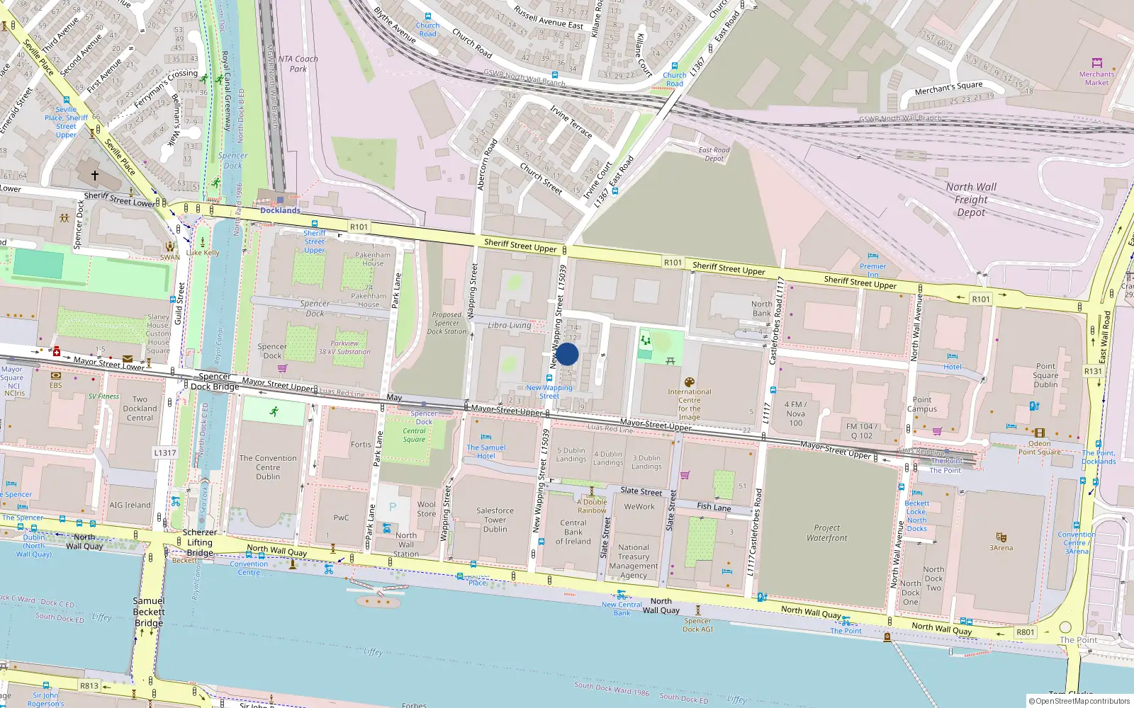 Overhead map showing the location of 8 New Wapping St, North Wall, Dublin 1