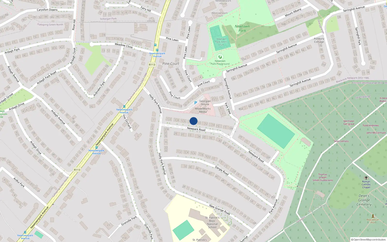 Overhead map showing the location of 8 New Park Road, Blackrock