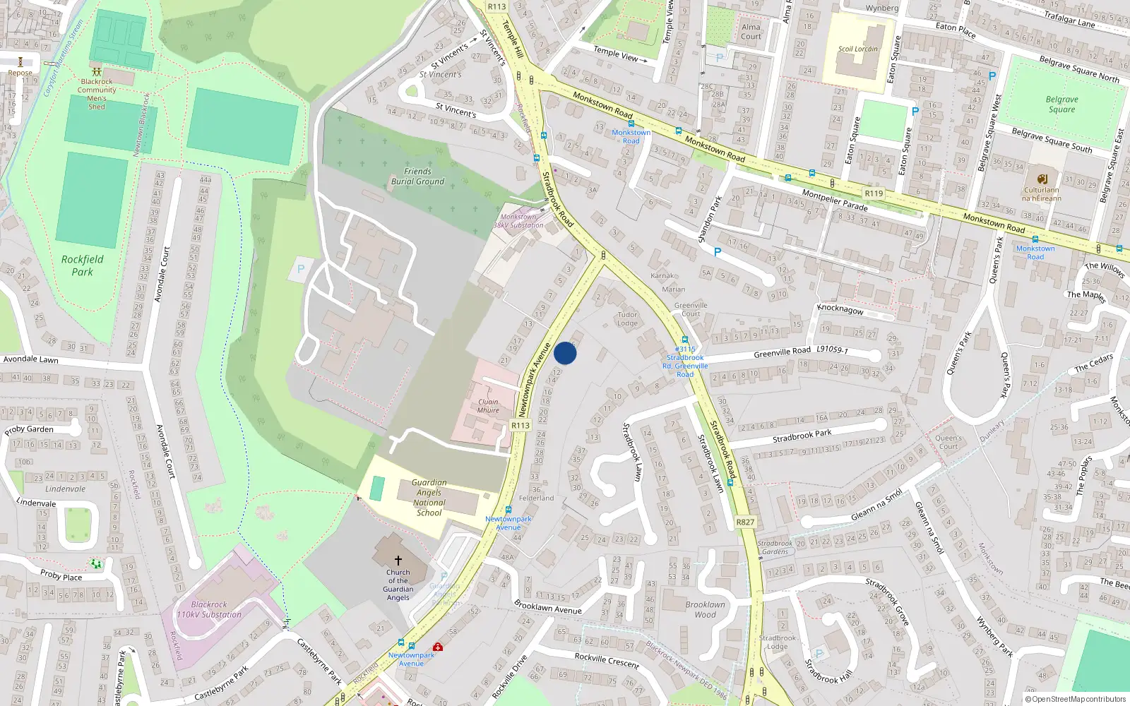 Overhead map showing the location of 8 Newtownpark Avenue, Blackrock, Dublin