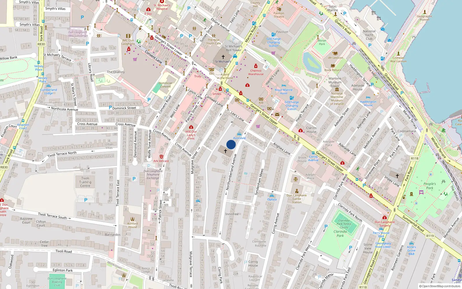 Overhead map showing the location of 8 Northumberland Avenue, Dun Laoghaire, Dublin