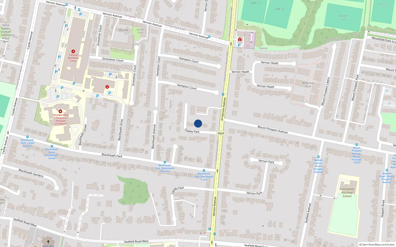 Overhead map showing the location of 8 Oakley Park, Dublin 3