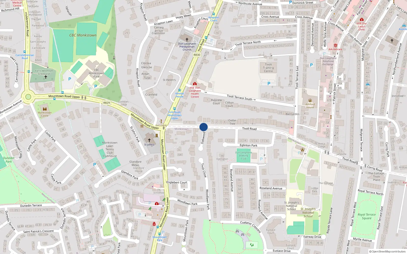 Overhead map showing the location of 8 Oakwood, Dun Laoghaire