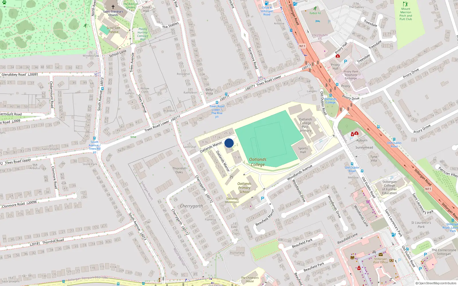 Overhead map showing the location of 8 Oatlands Manor, Dublin