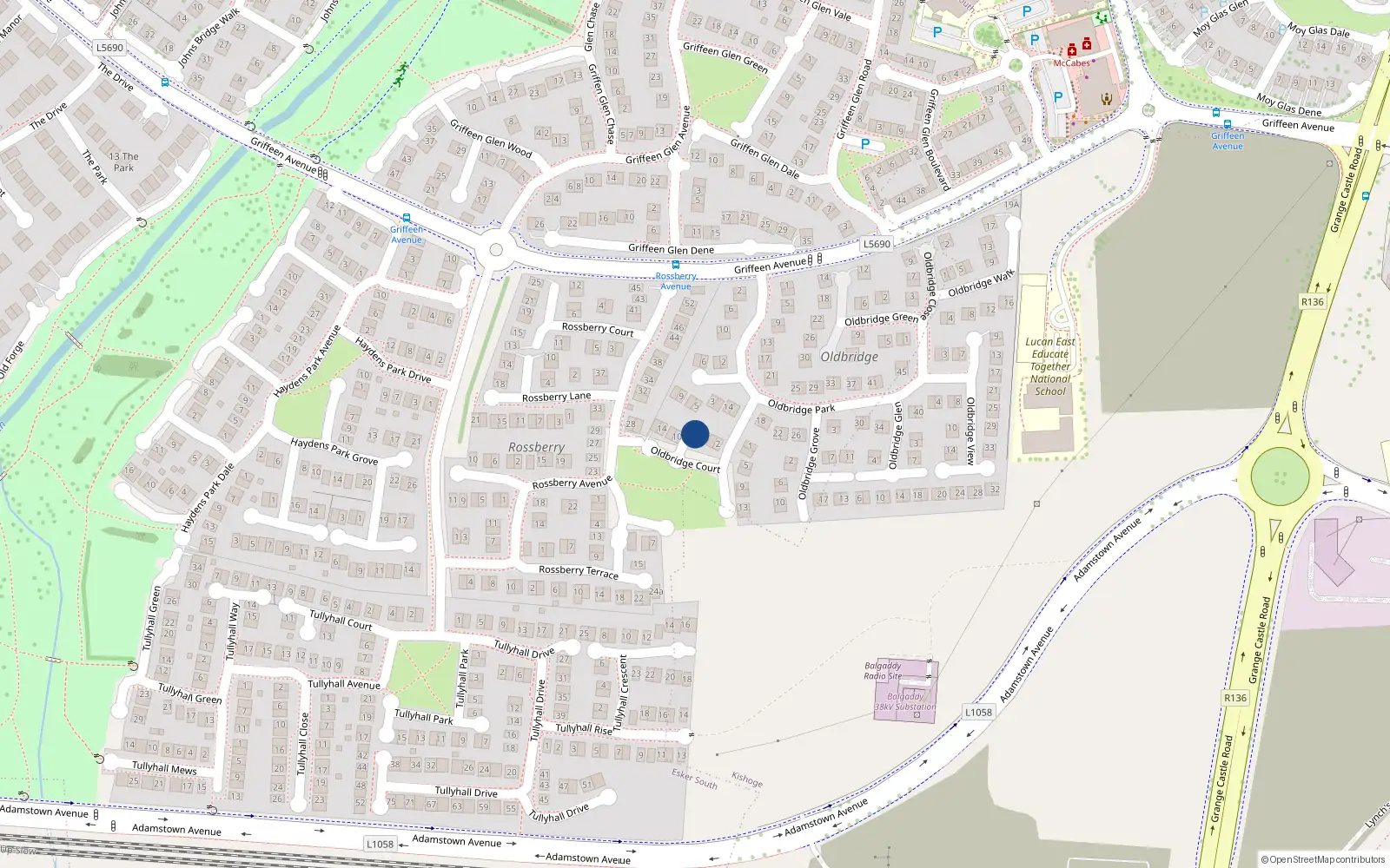 Overhead map showing the location of 8 Oldbridge Court, Lucan