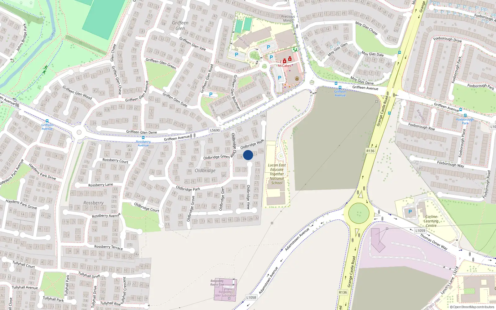 Overhead map showing the location of 8 Oldbridge Walk, Lucan, Dublin
