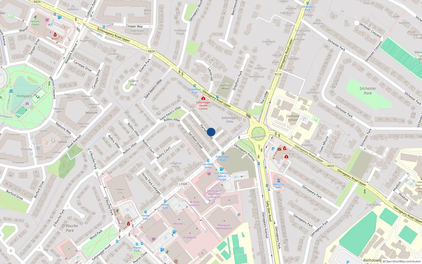Overhead map showing the location of 8 Parnell St, Sallynoggin, Dublin