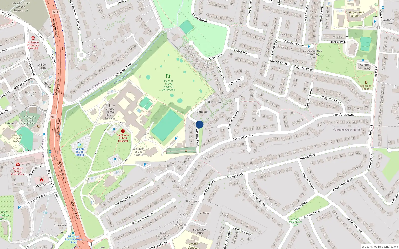 Overhead map showing the location of 8 Pear Tree Field, Blackrock