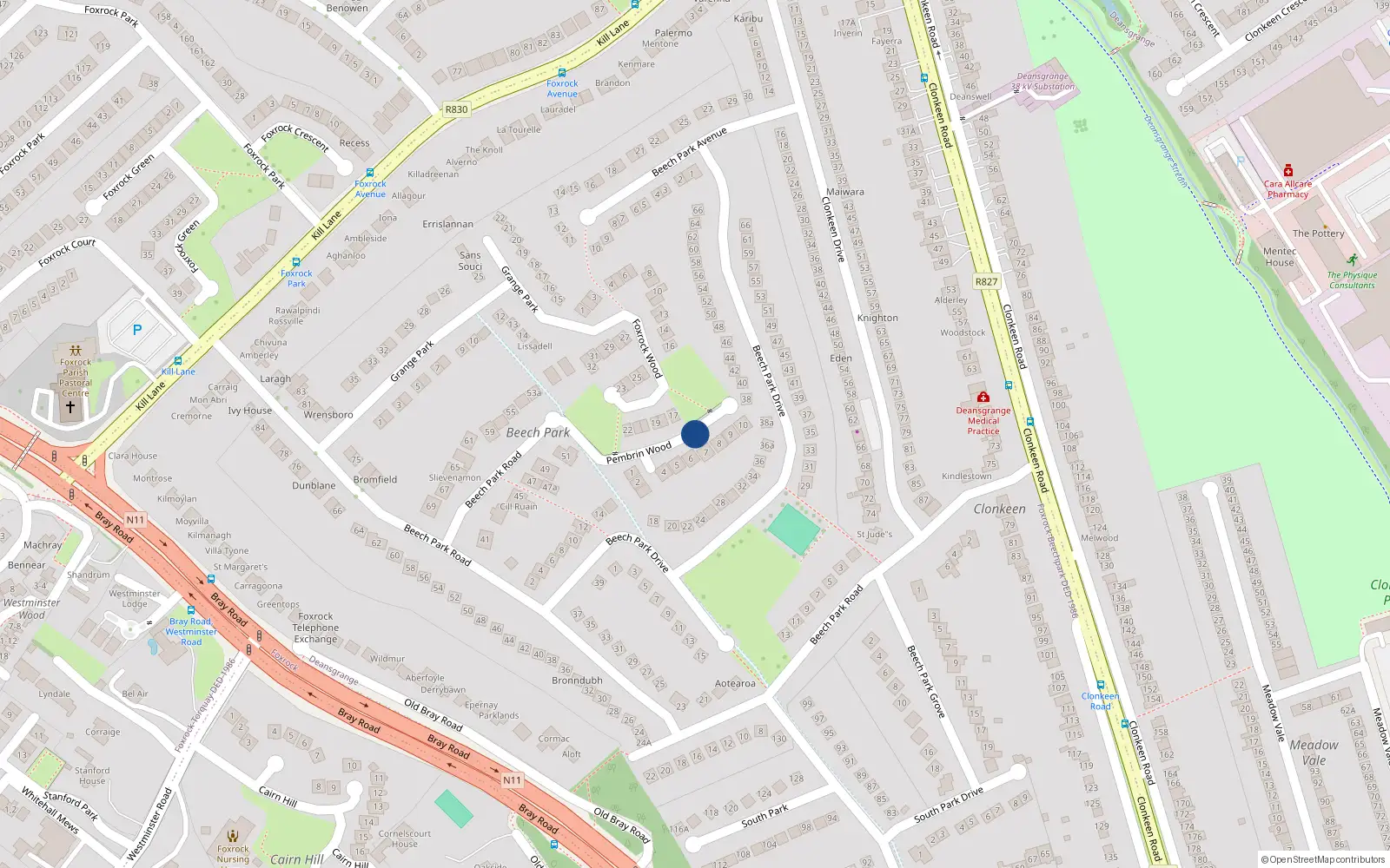 Overhead map showing the location of 8 Pembrin Wood, Foxrock