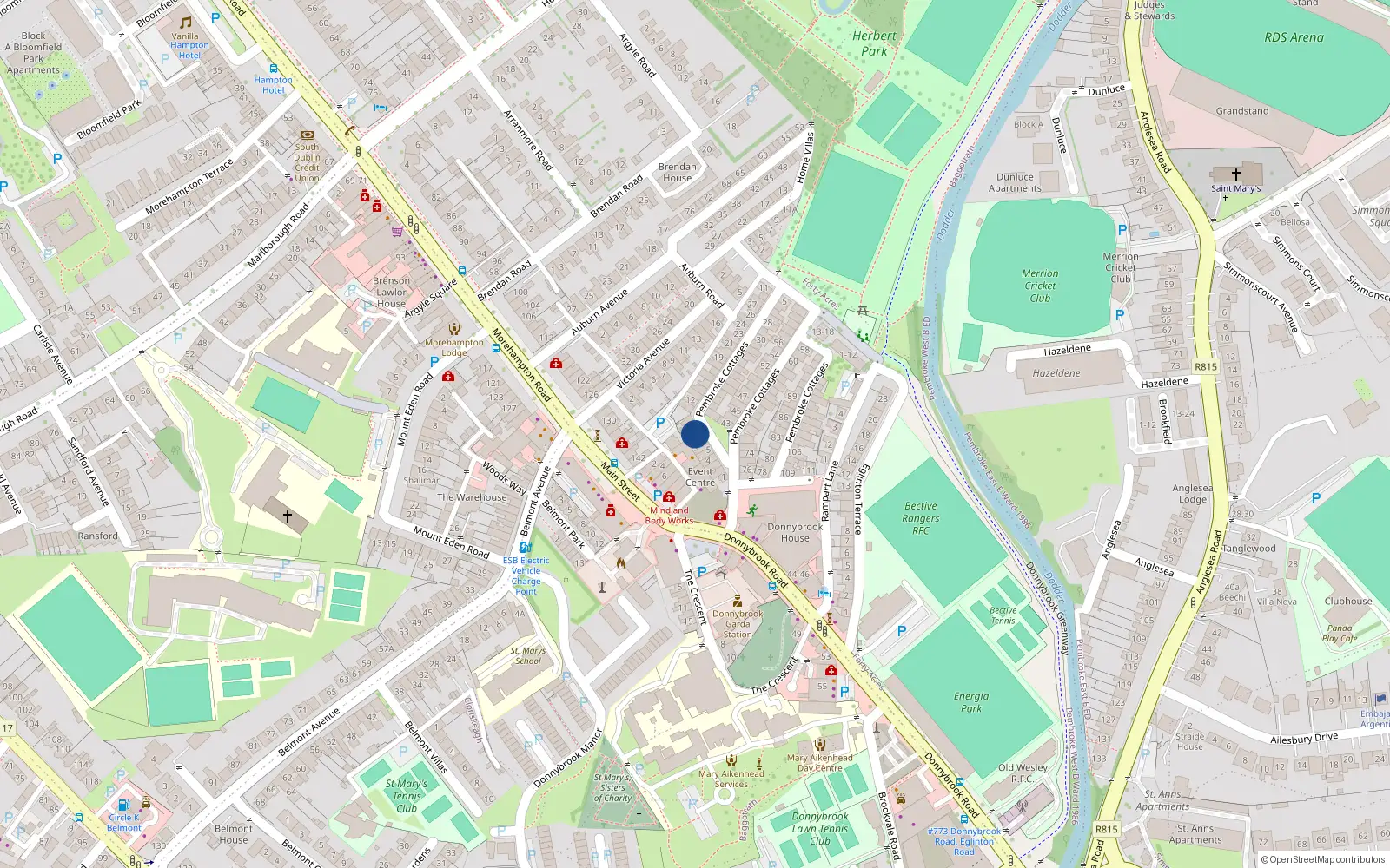 Overhead map showing the location of 8 Pembroke Cottages, Dublin