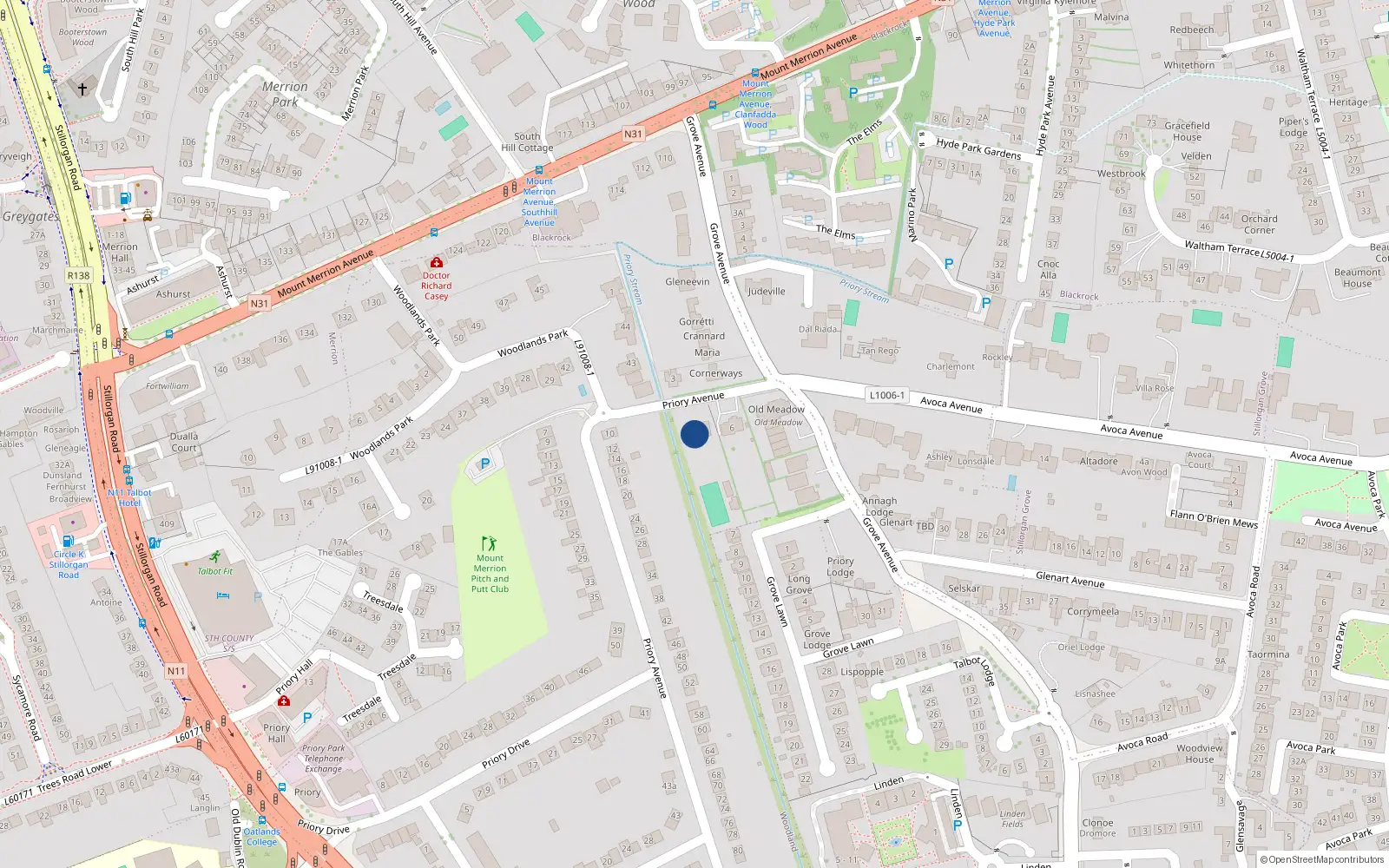 Overhead map showing the location of 8 Priory Avenue, Blackrock, Dublin