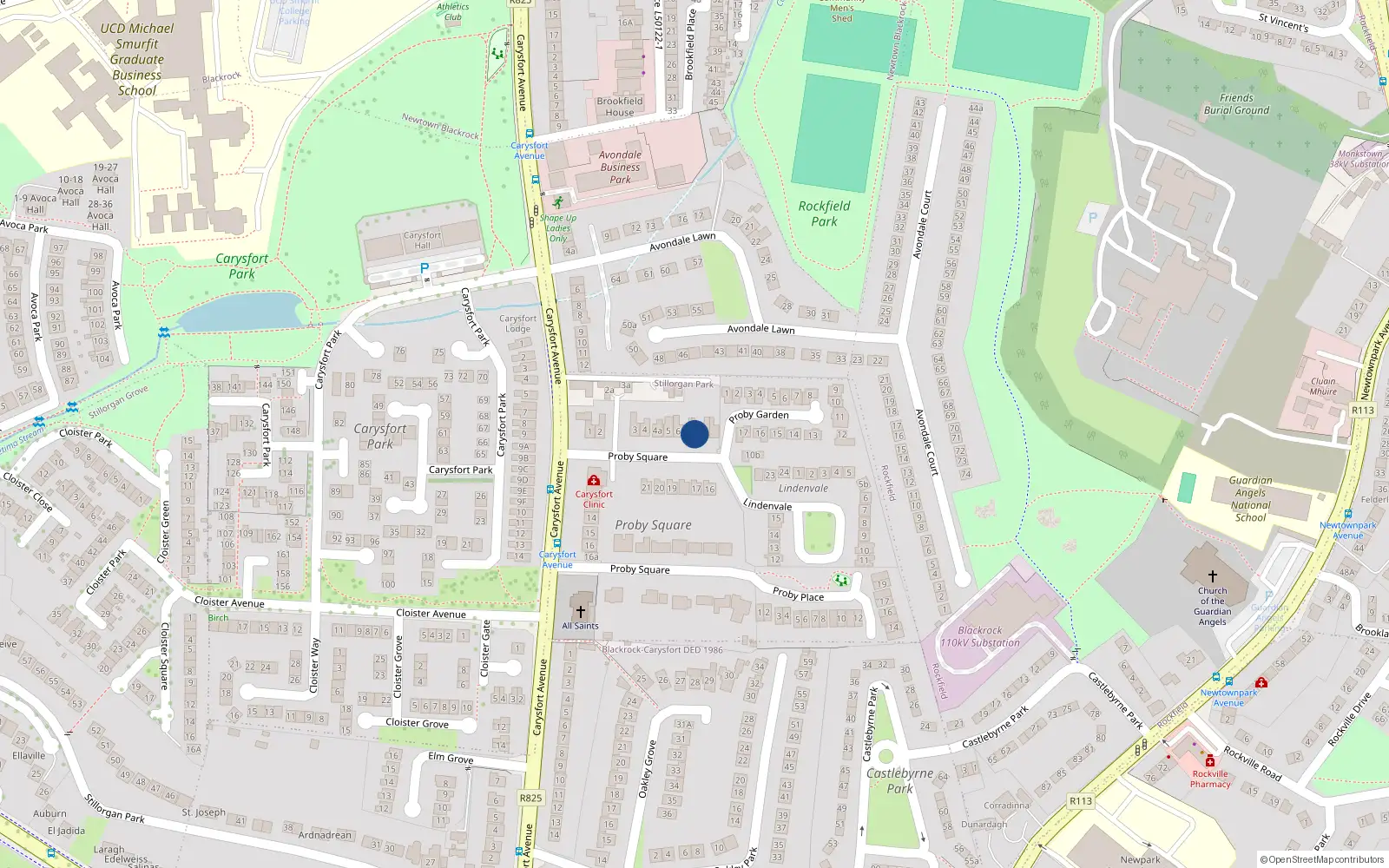 Overhead map showing the location of 8 Proby Square, Blackrock, Co Dublin
