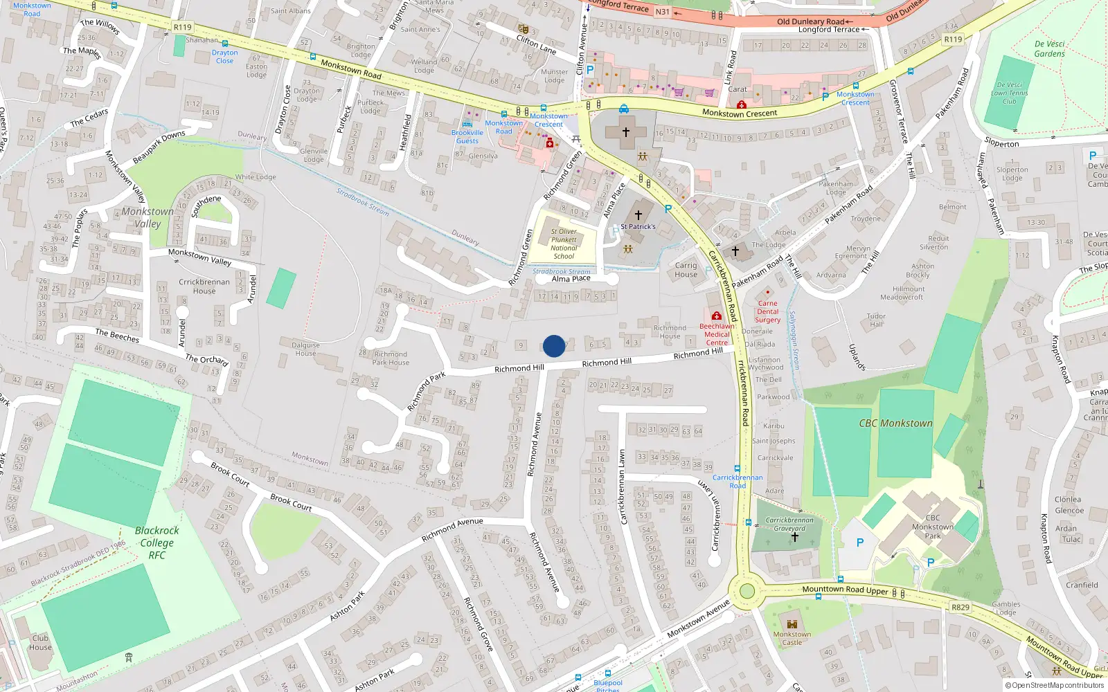 Overhead map showing the location of 8 Richmond Hill, County Dublin