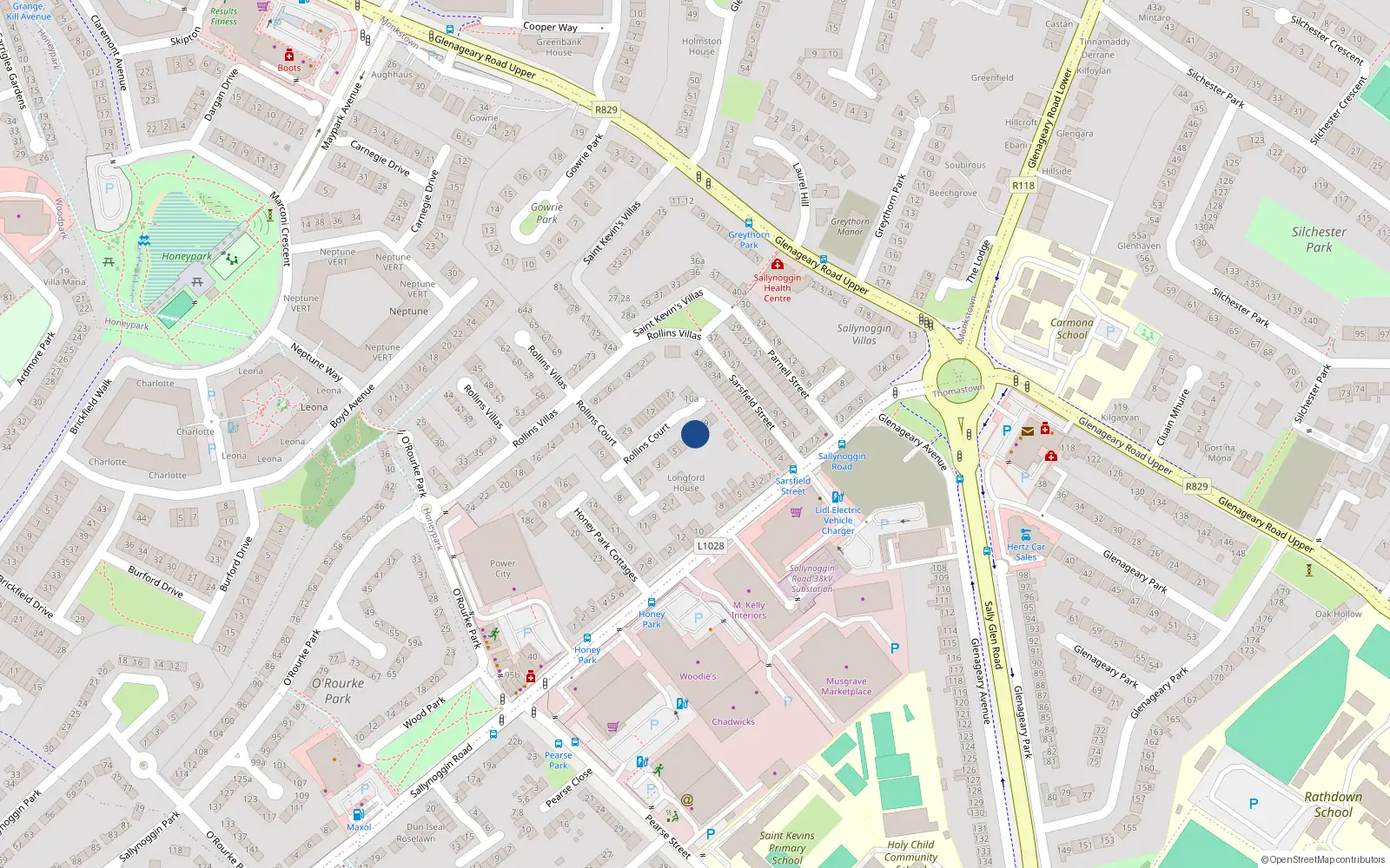 Overhead map showing the location of 8 Rollins Court, Sallynoggin
