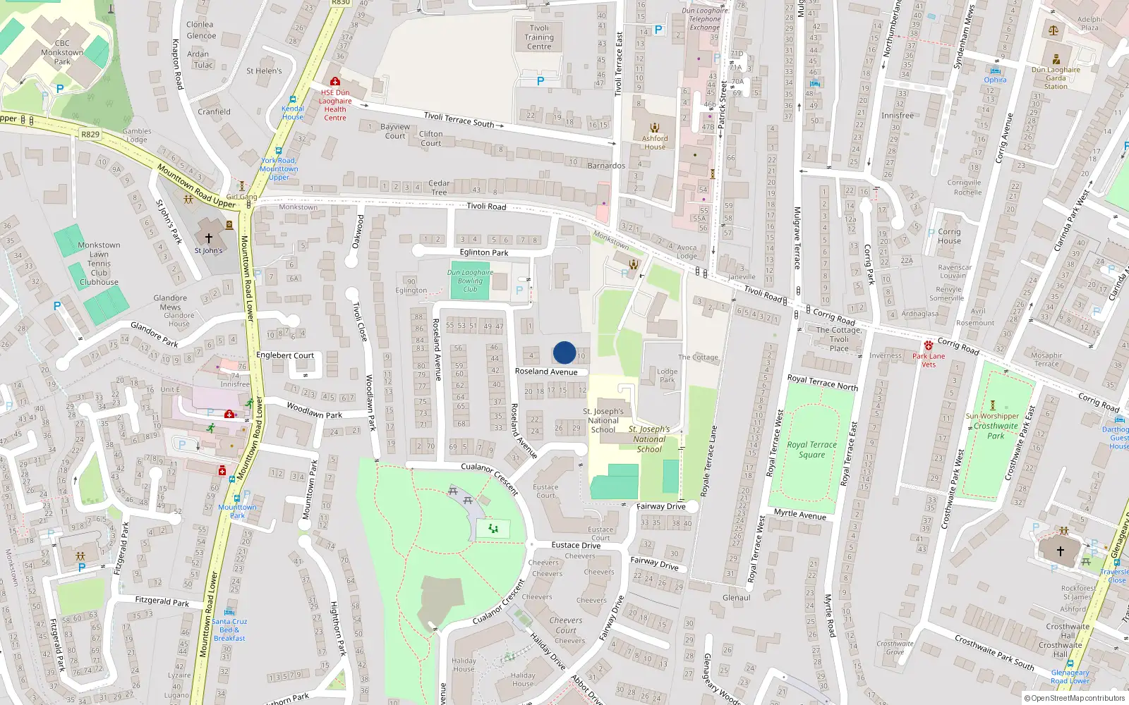 Overhead map showing the location of 8 Roseland Avenue, Cualanor, Dun Laoghaire