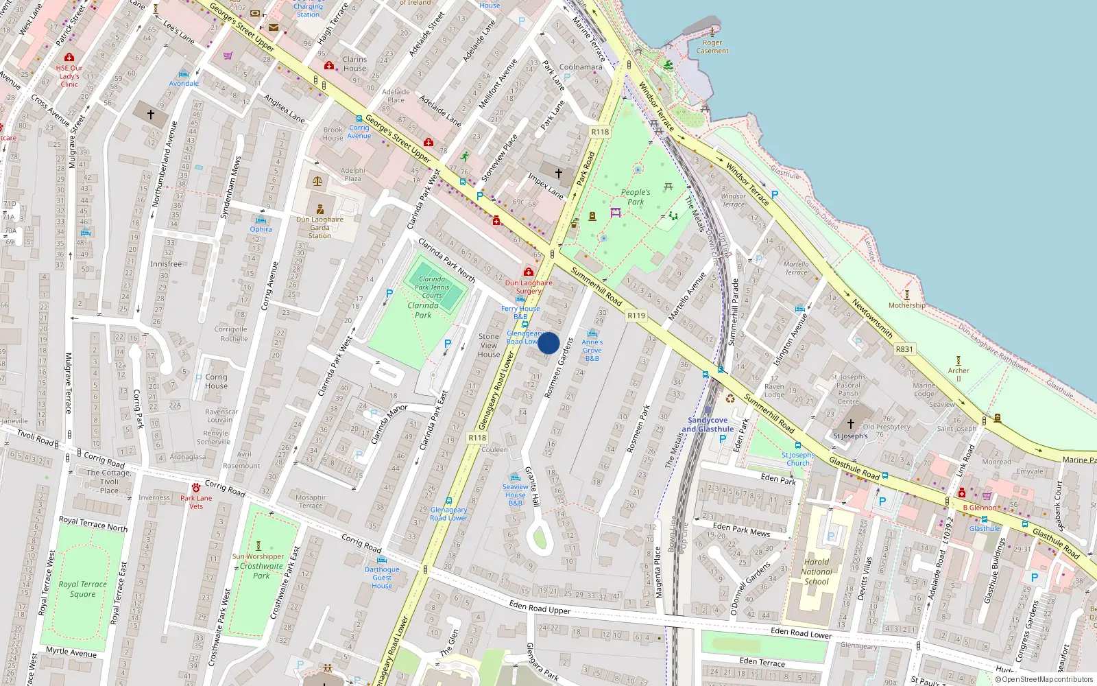 Overhead map showing the location of 8 Rosmeen Gardens, Dun Laoghaire, Dublin