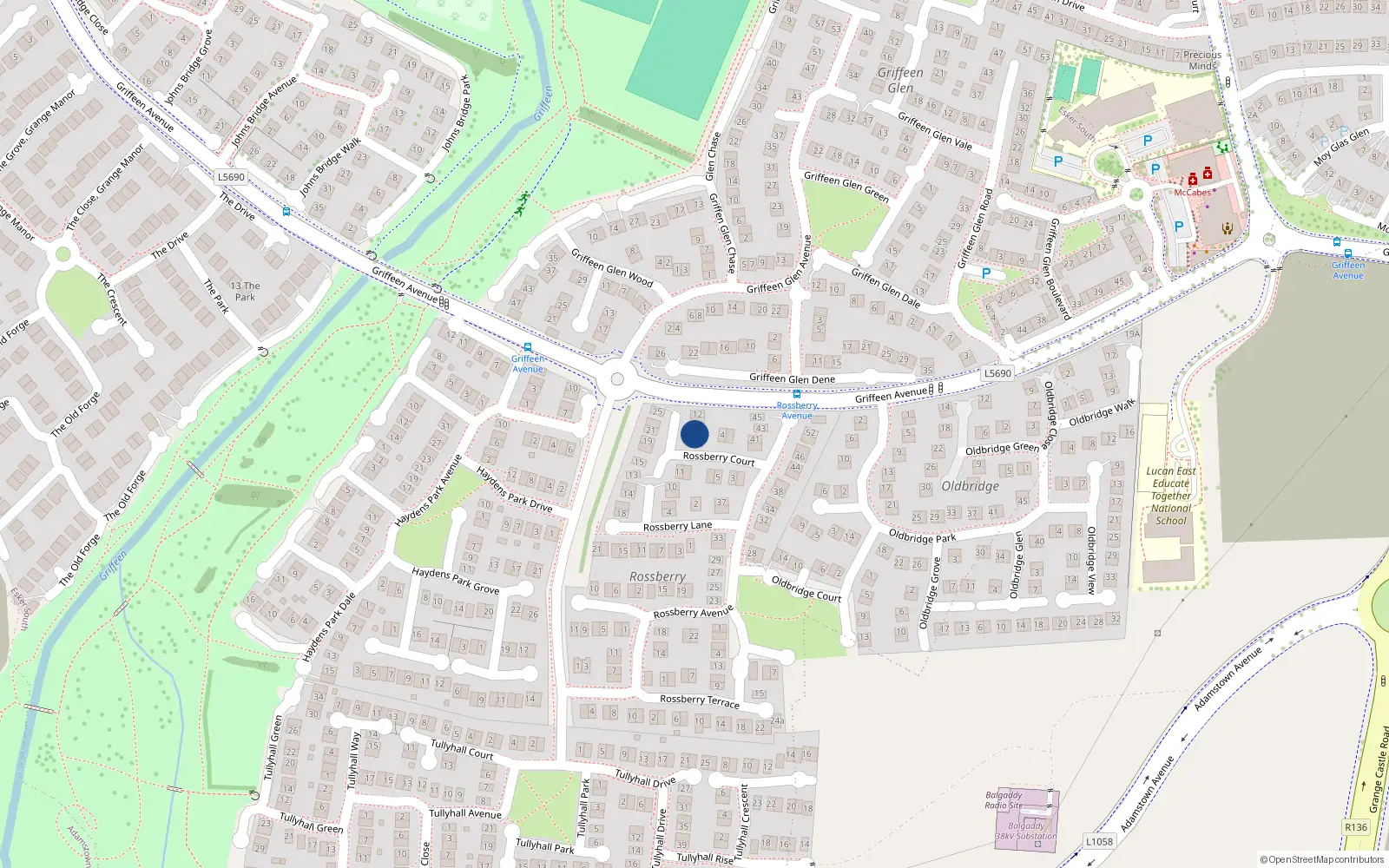 Overhead map showing the location of 8 Rossberry Court, Lucan