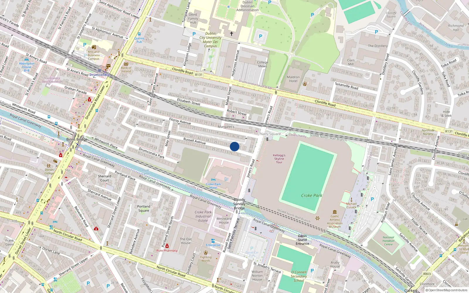Overhead map showing the location of 8 Russell Avenue, Drumcondra, Dublin 3
