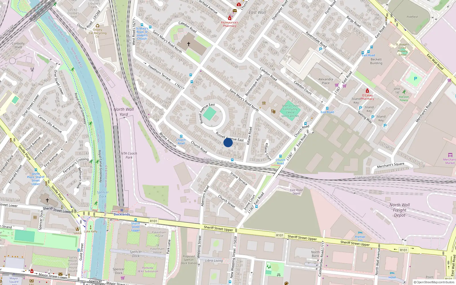 Overhead map showing the location of 8 Russell Avenue East, East Wall, Dublin 3