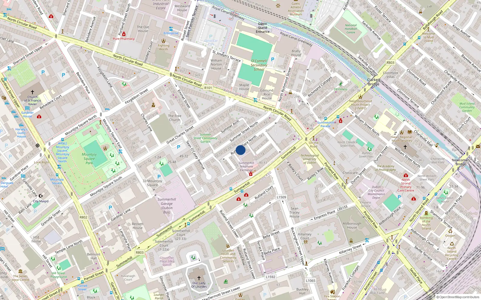 Overhead map showing the location of 8 Rutland Place North, North Circular Road, Dublin 1