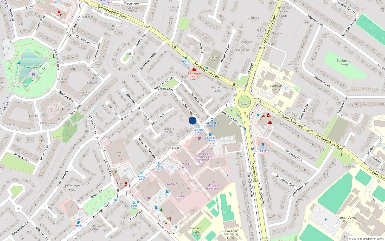 Overhead map showing the location of 8 Sarsfield St, Sallynoggin, Dublin
