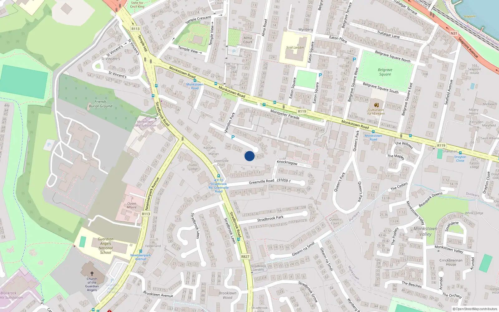 Overhead map showing the location of 8 Shandon Park, Monkstown, Dublin