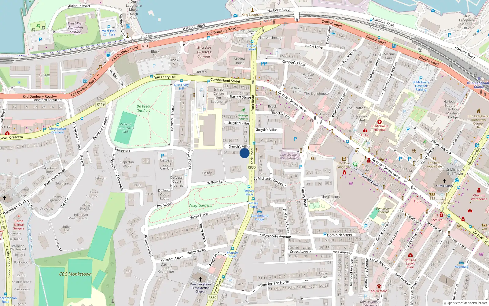 Overhead map showing the location of 8 Smyths Gardens, 64 York Road, Dun Laoghaire