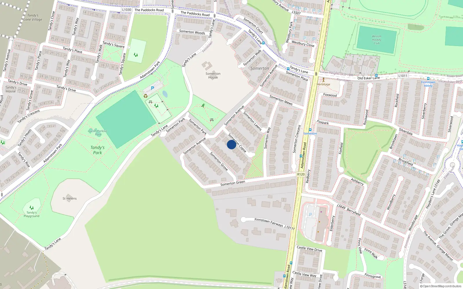 Overhead map showing the location of 8 Somerton Copse, Finnstown