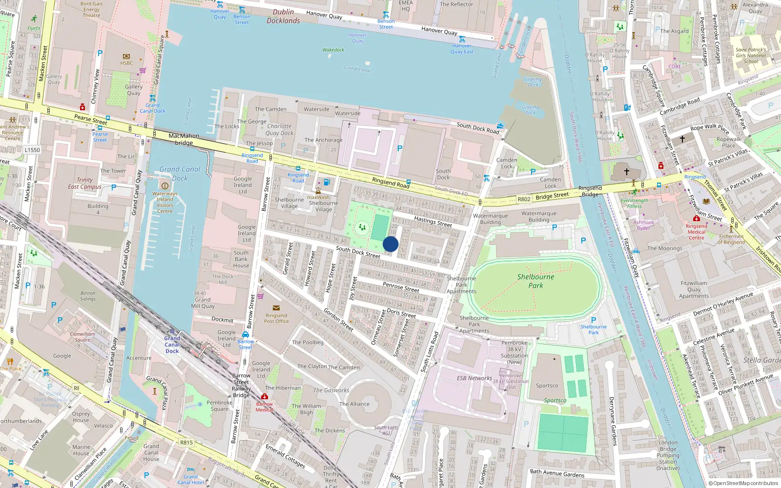 Overhead map showing the location of 8 South Dock Place, Ringsend Dublin 4