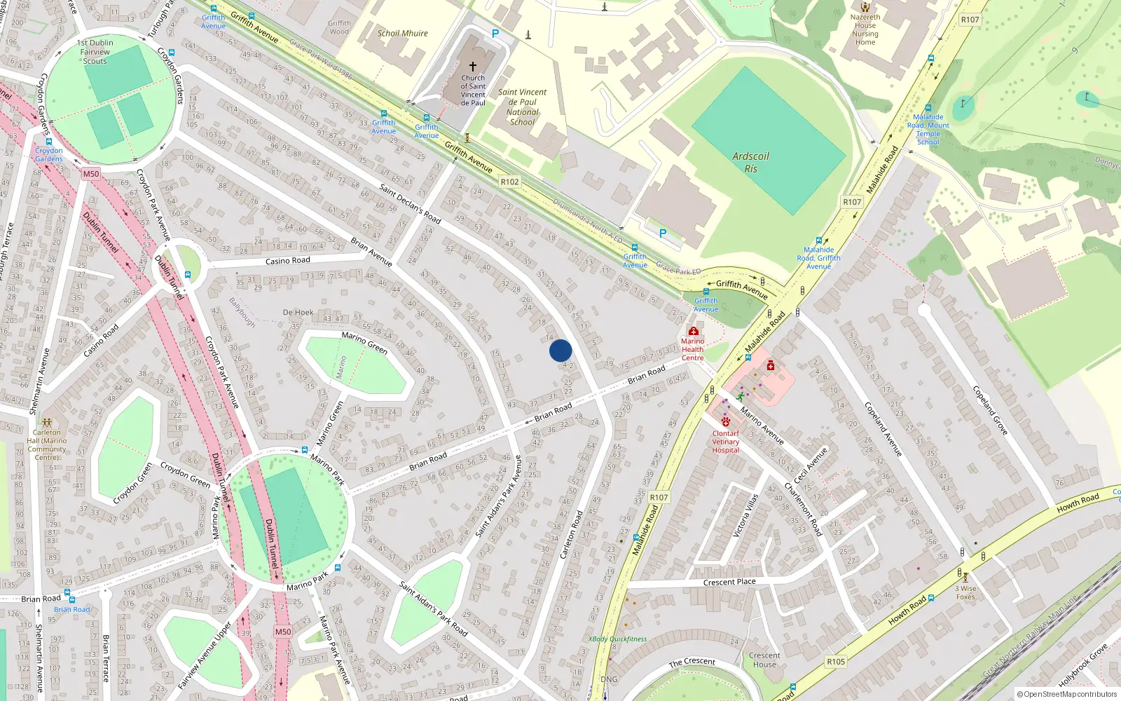Overhead map showing the location of 8 Saint Declan's Road, Dublin 3