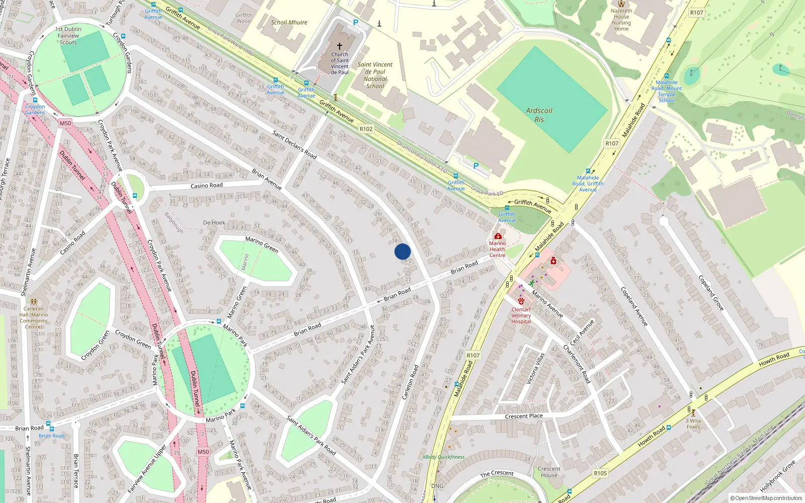 Overhead map showing the location of 8 St Declans Road, Marino, Dublin 3