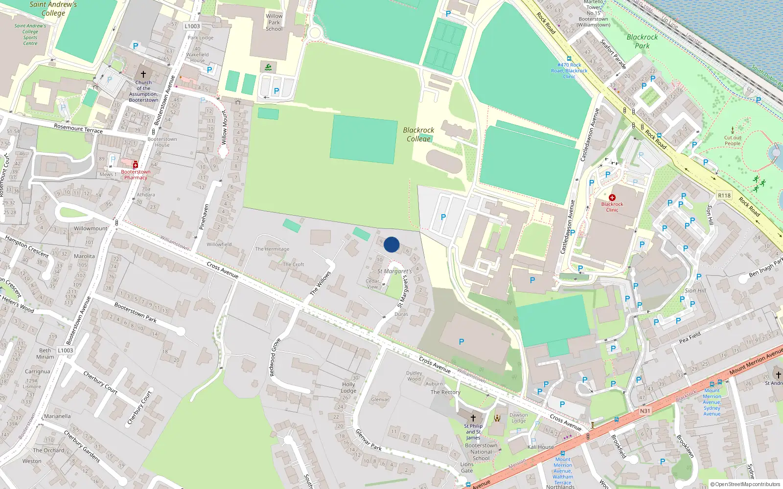Overhead map showing the location of 8 St Margarets, Cross Avenue, Blackrock