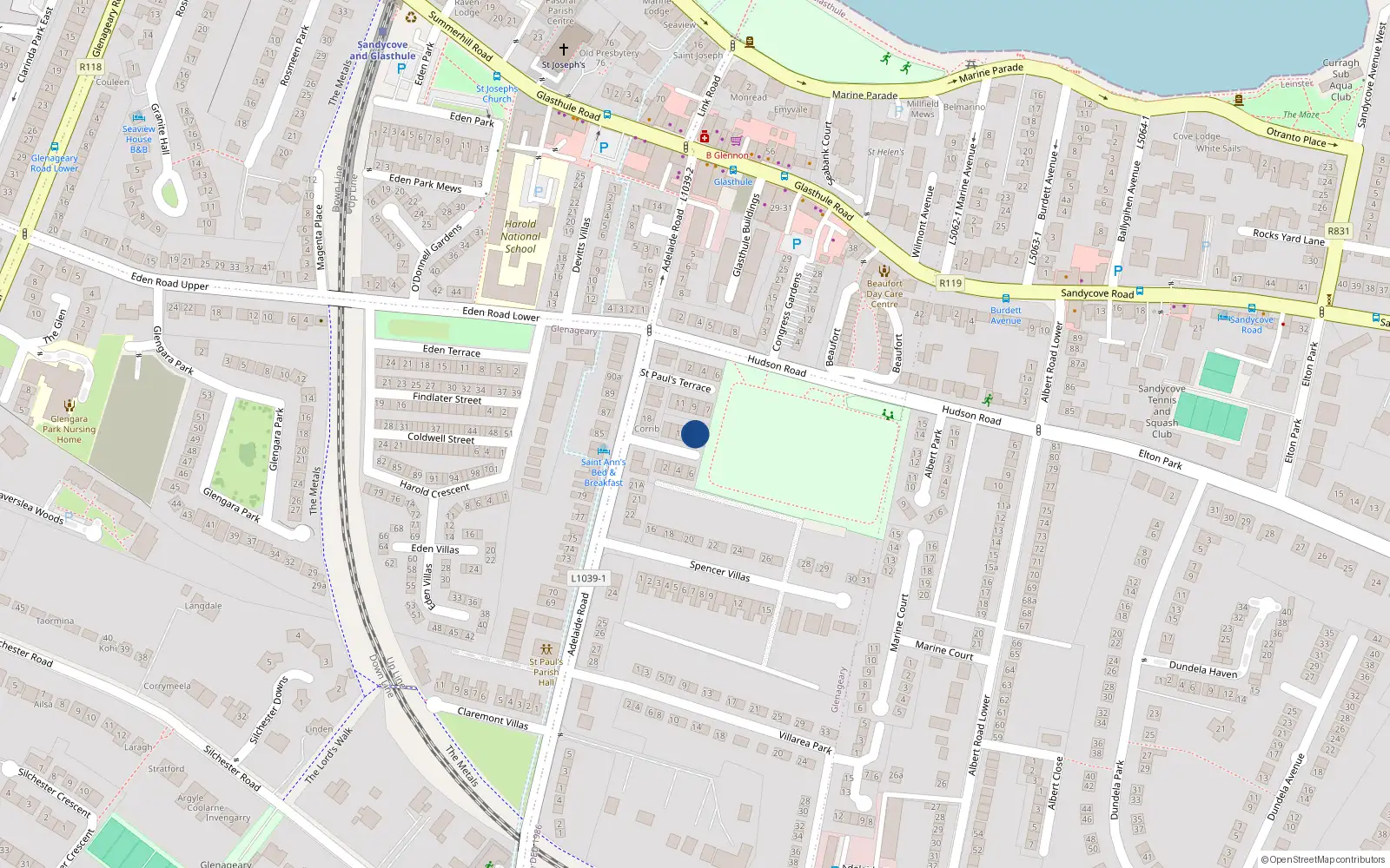Overhead map showing the location of 8 St Peters Terrace, Glasthule, Dun Laoghaire