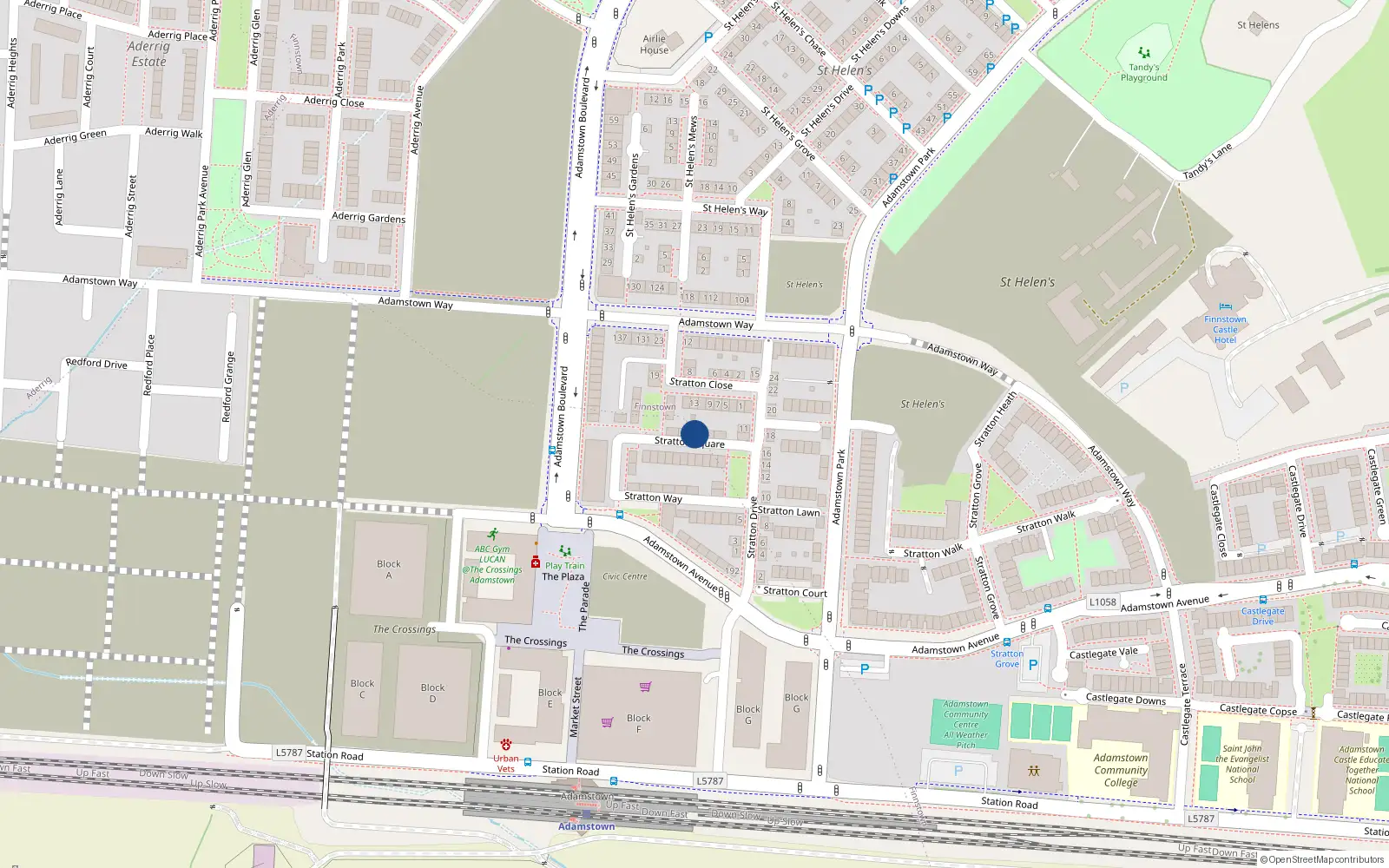 Overhead map showing the location of 8 Stratton Square, Adamstown, Lucan