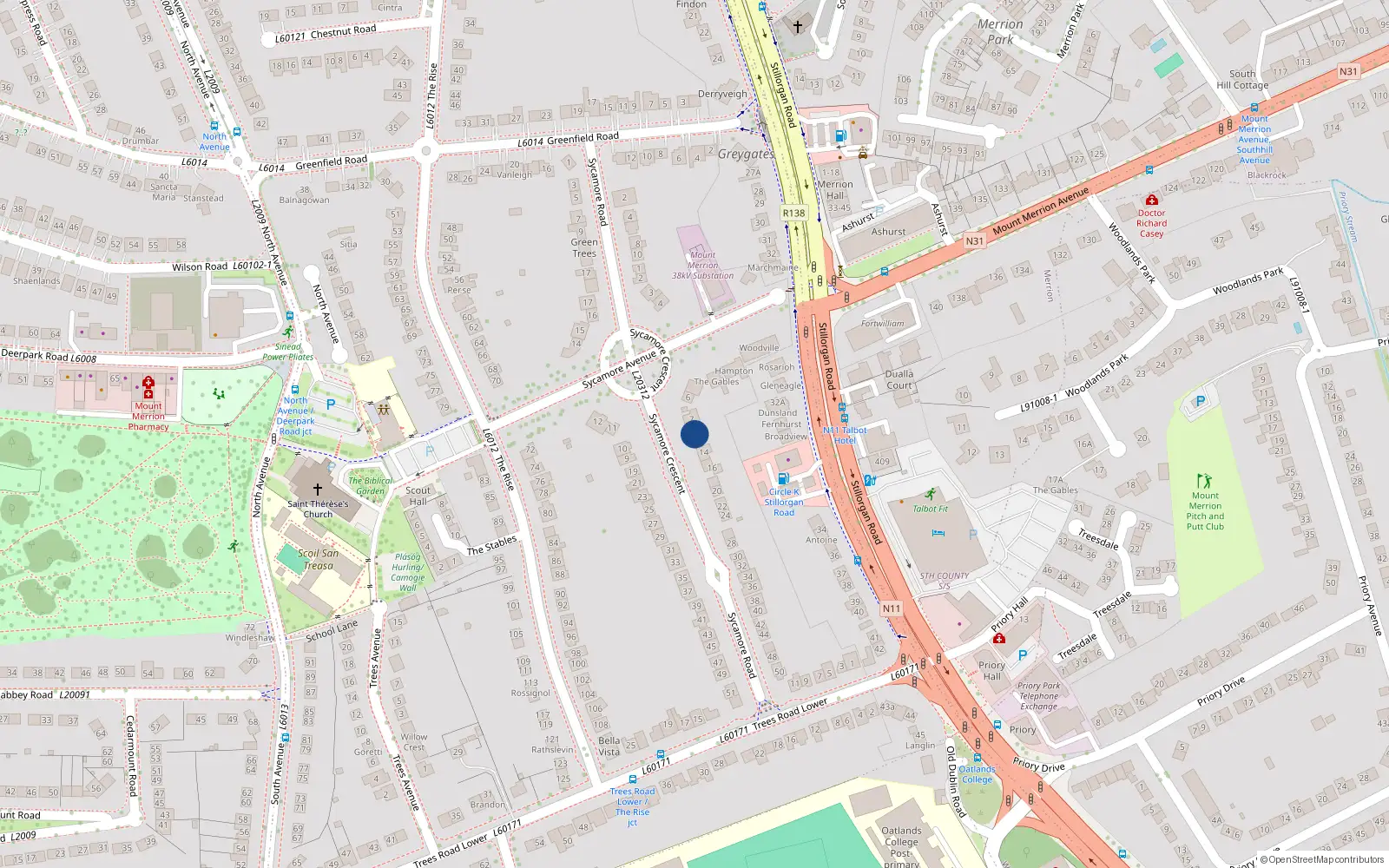 Overhead map showing the location of 8 Sycamore Crescent, Mount Merrion, Blackrock