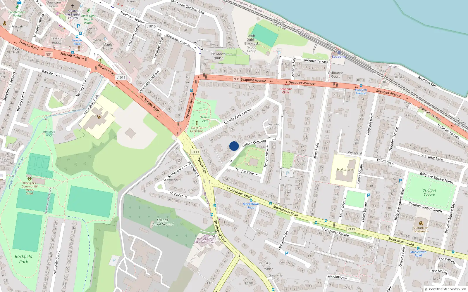 Overhead map showing the location of 8 Temple Crescent, Monkstown